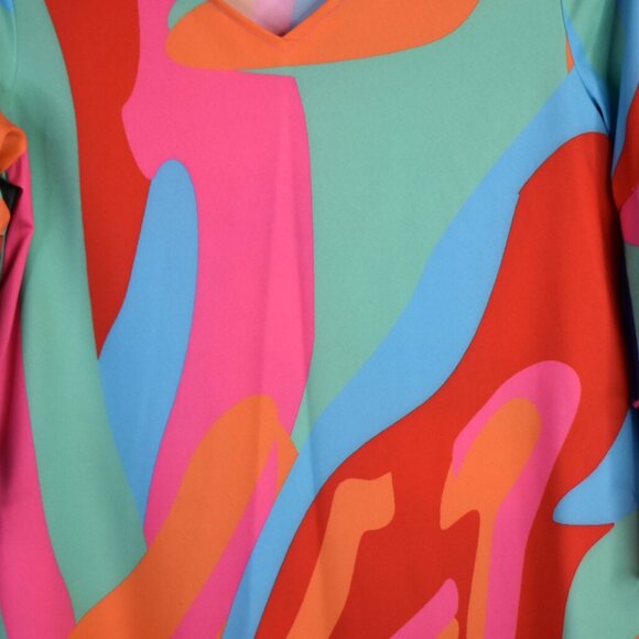 Psychedelic Printed Dress S Womens Hippie 70s Flare Sleeve Mini Multicolor - Picture 2 of 7